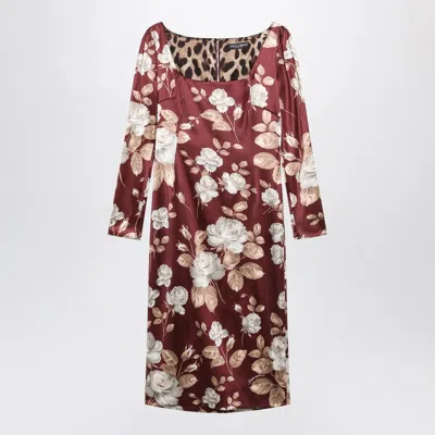 DOLCE & GABBANA BURGUNDY SATIN DRESS WITH FLORAL PRINT