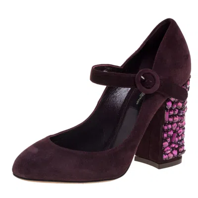 Pre-owned Dolce & Gabbana Burgundy Suede Mary Jane Embellished Heel Pumps Size 36