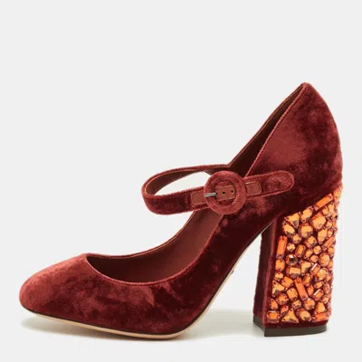 Pre-owned Dolce & Gabbana Burgundy Velvet Crystal Embellish Block Heel Pumps Size 36.5