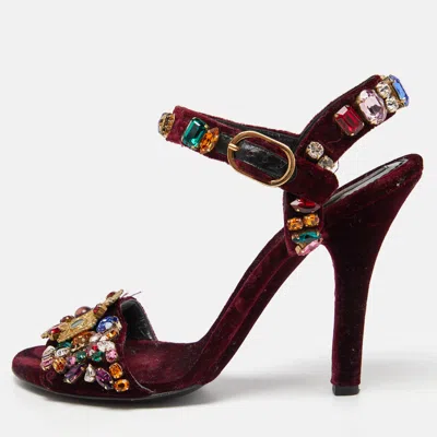 Pre-owned Dolce & Gabbana Burgundy Velvet Crystal Embellished Ankle Strap Sandals Size 41.5
