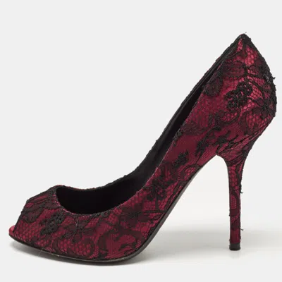 Pre-owned Dolce & Gabbana Burgundy/black Lace And Mesh Peep Toe Pumps Size 38