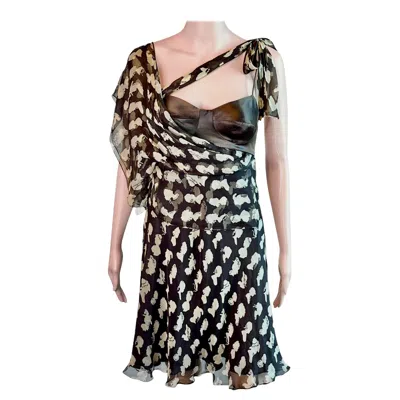 Pre-owned Dolce & Gabbana Bustier Bra Cameo Print Silk Mini Dress In Black