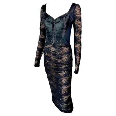 Pre-owned Dolce & Gabbana Bustier Corset Bra Sheer Lace Crochet Bodycon Black Midi Dress