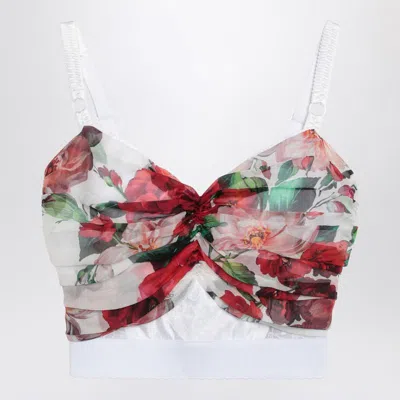 Dolce & Gabbana Bustier Top In Marquisette And Chiffon With Rose Print In Multi
