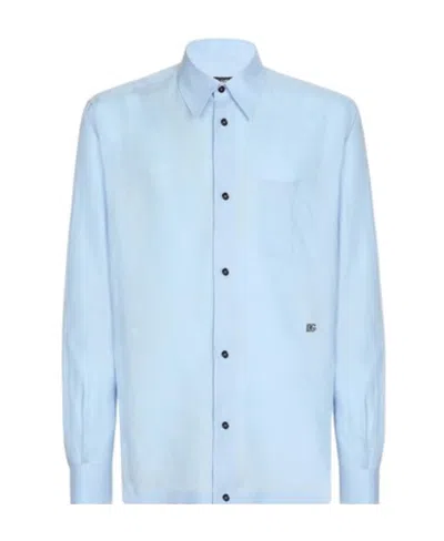 Dolce & Gabbana Linen Hawaiian Shirt With Dg Hardware In Azure