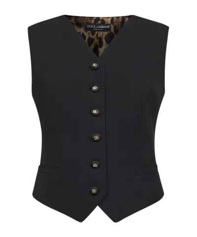 Dolce & Gabbana Black Stretch Wool Vest With Leopard-print Back