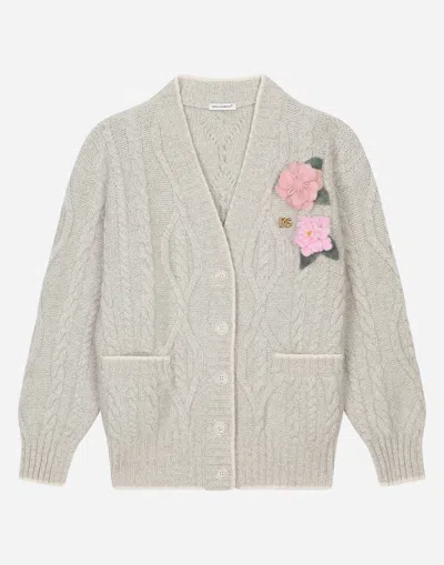 Dolce & Gabbana Cable-knit Cardigan With Dg Logo And Floral Detailing In Multicolor