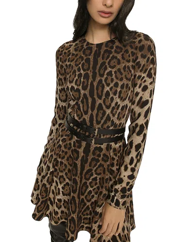Dolce & Gabbana Cady Leopard Print Mini Dress In Brown