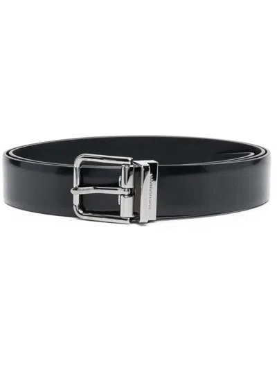 Dolce & Gabbana Calf Leather Belt With Silver Buckle And Logo In Black