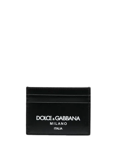 Dolce & Gabbana Calf Leather Cardholder With White Logo In Black