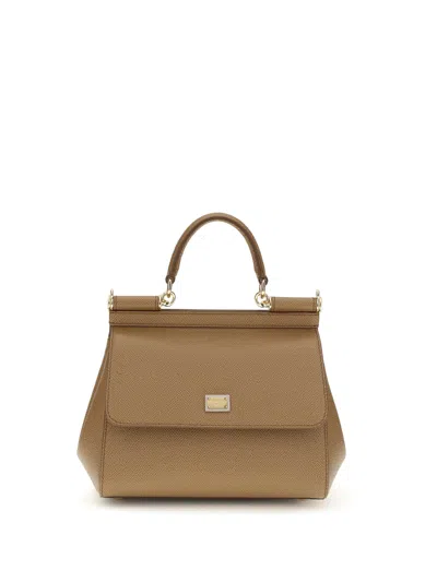 Dolce & Gabbana Calf Leather Top Handle Bag In Beige