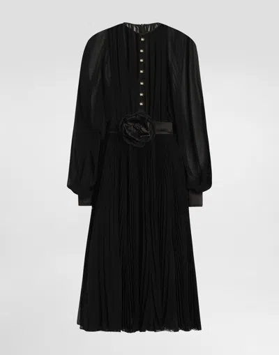 Dolce & Gabbana Calf-length Babydoll Dress With Pleated Skirt In Black