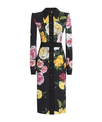 Dolce & Gabbana Long Chemise Dress With Floral Print In Black