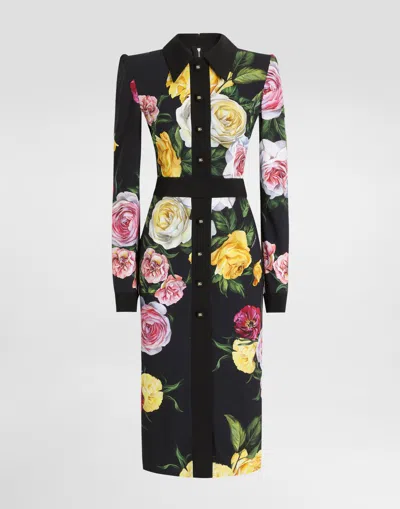 Dolce & Gabbana Calf-length Cady Shirt Dress With Peony And Rose Print In Multicolour