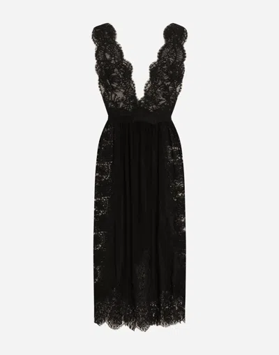 Dolce & Gabbana Calf-length Chantilly Lace Dress With Organzine Details In Black