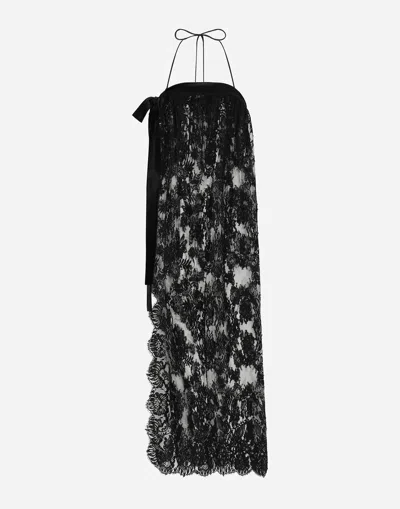 Dolce & Gabbana Calf-length Chantilly Lace Dress With Satin Details In Black