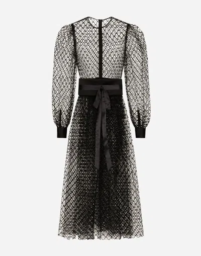 Dolce & Gabbana Calf-length Mesh Dress With Wool Crepe Belt In Black