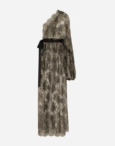 DOLCE & GABBANA CALF-LENGTH ONE-SHOULDER LAMÉ CHANTILLY LACE DRESS