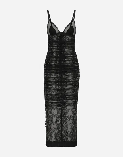DOLCE & GABBANA CALF-LENGTH STRETCH CHANTILLY LACE SLIP DRESS