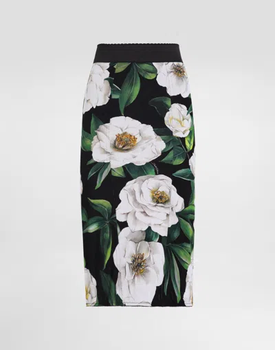 DOLCE & GABBANA CALF-LENGTH STRETCH PENCIL SKIRT WITH GARDENIA PRINT