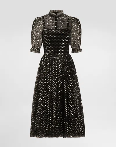Dolce & Gabbana Calf-length Tulle Babydoll Dress With Sequin Embellishment In Gold