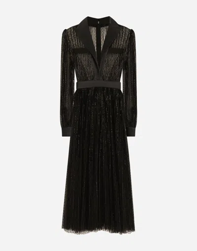 DOLCE & GABBANA CALF-LENGTH TULLE TUXEDO SHIRT DRESS WITH SEQUIN EMBELLISHMENT