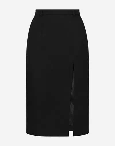 Dolce & Gabbana Calf-length Wool Gabardine Skirt With Slit In Black