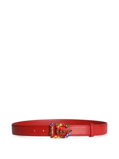 Dolce & Gabbana Calfskin Belt With Carretto Buckle In Red