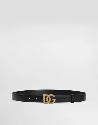 Dolce & Gabbana Calfskin Belt With Dg Logo In Black