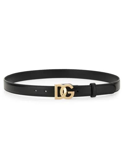 Dolce & Gabbana Calfskin Belt With Dg Logo For Women In Black