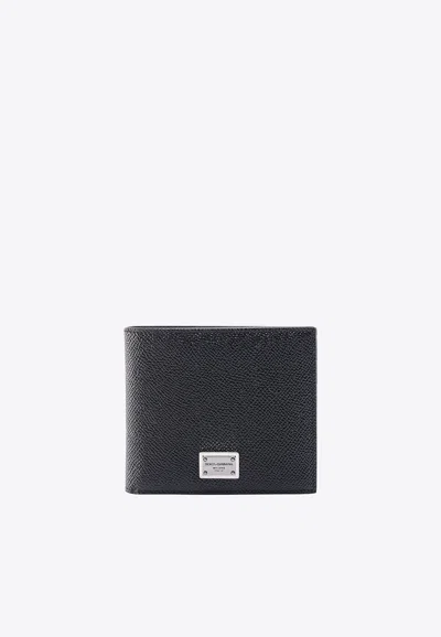 Dolce & Gabbana Calfskin Bi-fold Logo Plate Wallet In Black