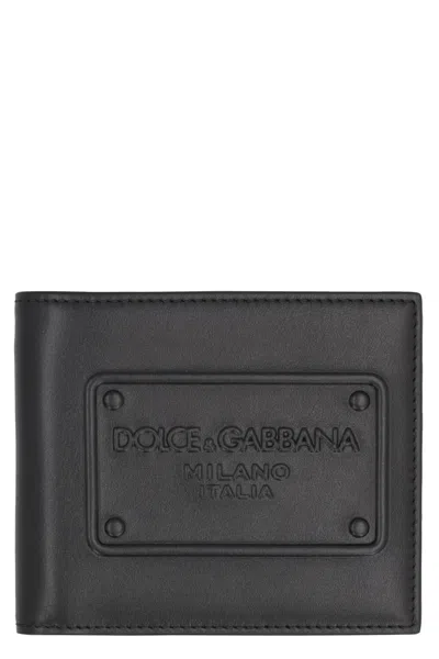 Dolce & Gabbana Calfskin Bifold Wallet With Raised Logo In Black
