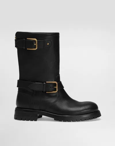 Dolce & Gabbana Calfskin Biker Boots In Black