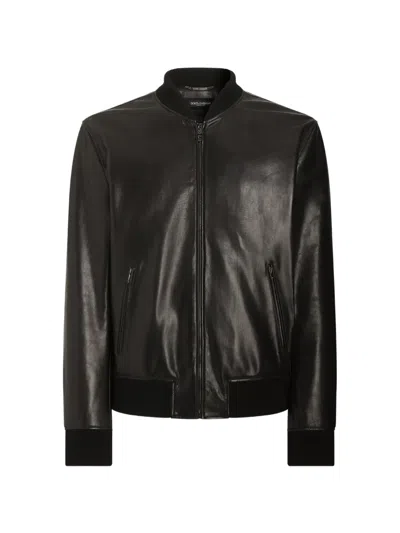 Dolce & Gabbana Calfskin Bomber Jacket In Brown