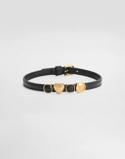 Dolce & Gabbana Calfskin Bracelet With Vintage Gold Print In Black
