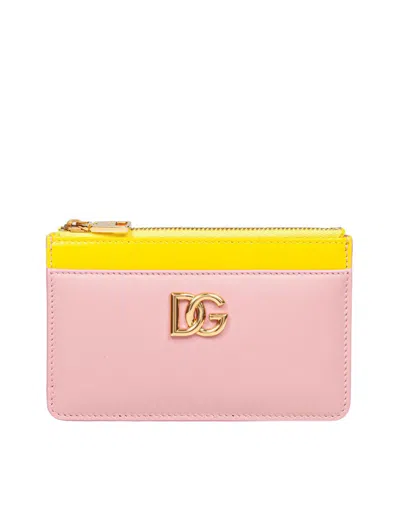 Dolce & Gabbana Calfskin Card Holder In Pink/yellow