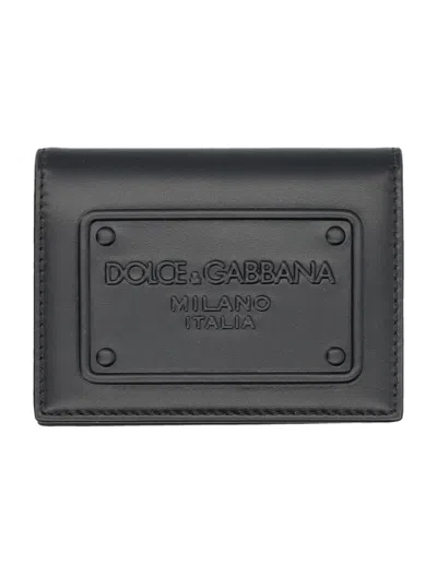 Dolce & Gabbana Calfskin Card Holder With Embossed Logo For Men: Black In Burgundy