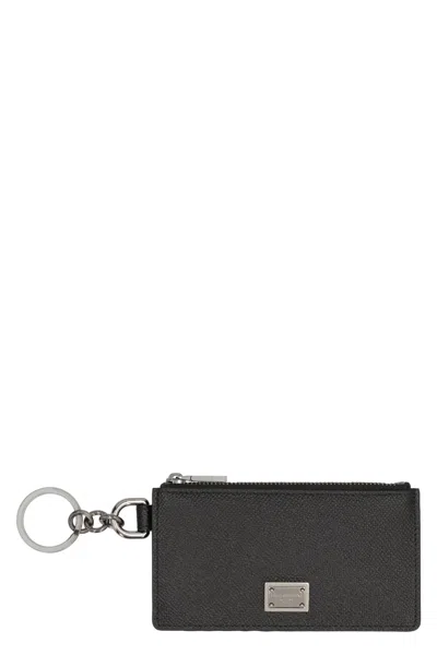 Dolce & Gabbana Calfskin Card Holder With Ring And Logo Tag In Black