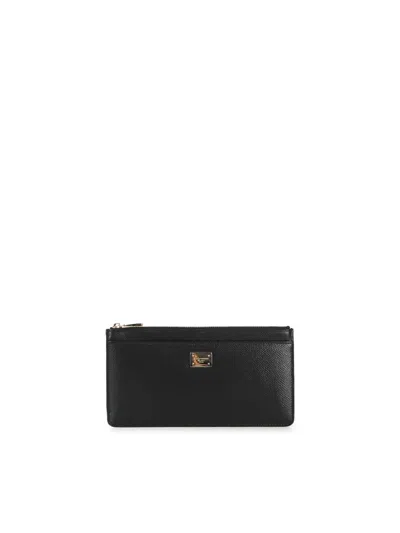 Dolce & Gabbana Large Card Holder With Branded Plate And Zip In Grainy Leather Woman In Black