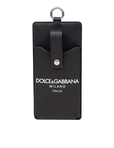Dolce & Gabbana Calfskin Cell Phone Holder With Dolce&amp;gabbana Milano Logo Print In Black