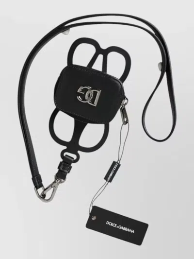 Dolce & Gabbana Calfskin Dg Logo Coin Purse Lanyard Wallet In Black