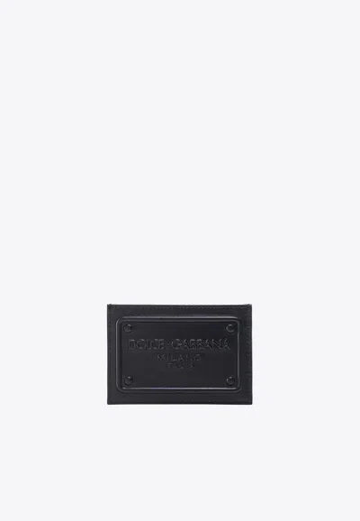 Dolce & Gabbana Calfskin Embossed Logo Card Holder In Black