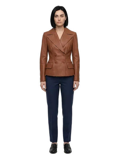 Dolce & Gabbana Calfskin Leather Double-breasted Blazer In Brown