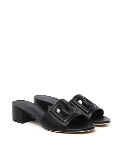 Dolce & Gabbana Calfskin Leather Slide With Logo In Black