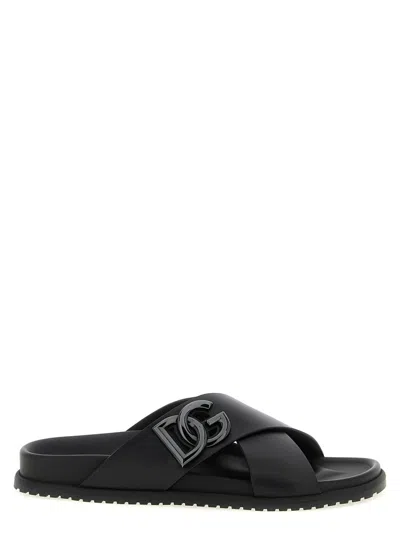 Dolce & Gabbana Calfskin Leather Slides In Black