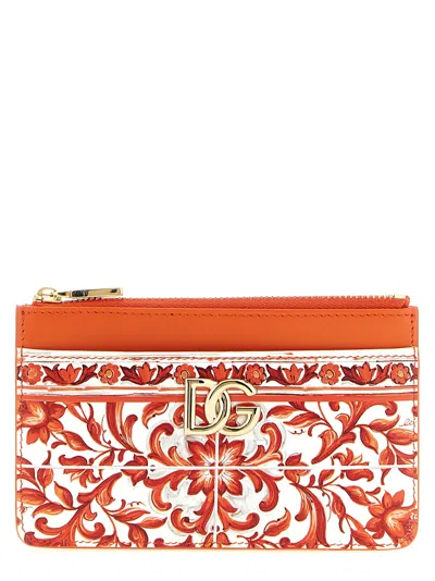Dolce & Gabbana Calfskin Maiolica-print Card Case In Orange