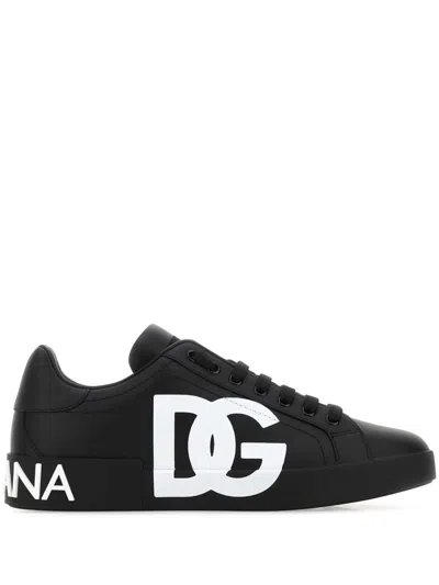 Dolce & Gabbana Calfskin Nappa Portofino Sneakers With Dg Logo Print For Men In Black