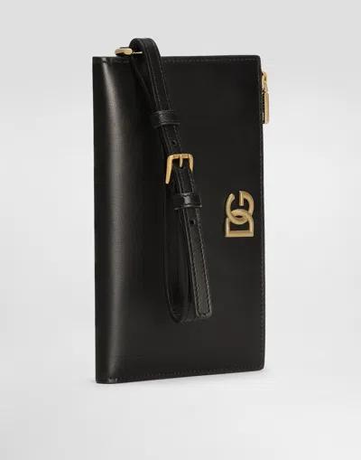 Dolce & Gabbana Calfskin Passport Holder With Dg Logo In Black