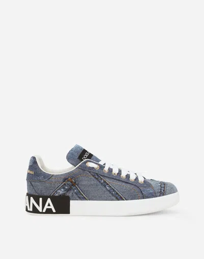 Dolce & Gabbana Calfskin Portofino Sneakers With Dg Logo In Blue