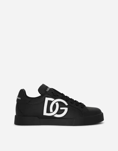 Dolce & Gabbana 'portofino' Black Sneakers With Logo Patch In Leather Woman